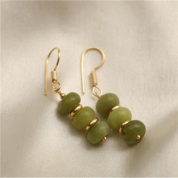 Green Opal Gemstone Dangle Earrings | Gold Plated Brass | Lightweight - Picture 5 of 5